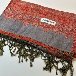 Paisley Red & Gray Pashmina Scarf Wrap w/ Fringe